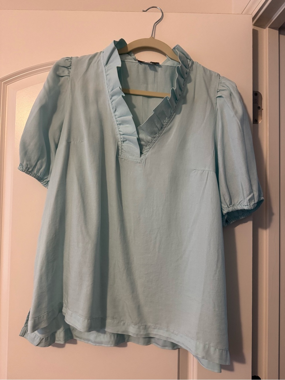 crown & ivy Light Blue Ruffle V-Neck Blouse